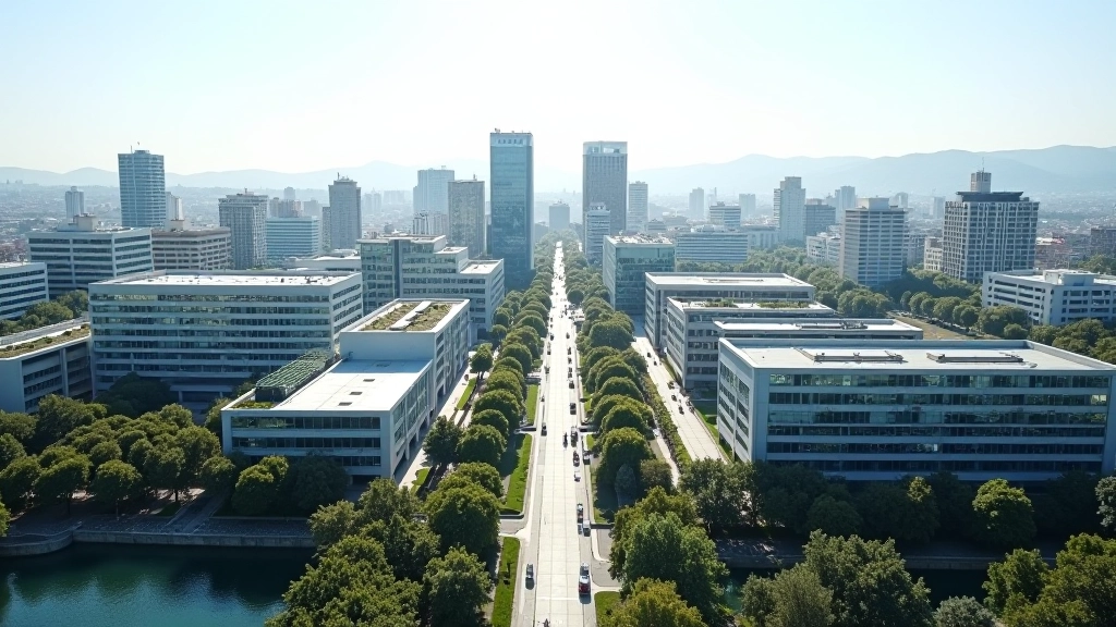 Vue aérienne du centre-ville de Montpellier avec bâtiments modernes et pôles technologiques
