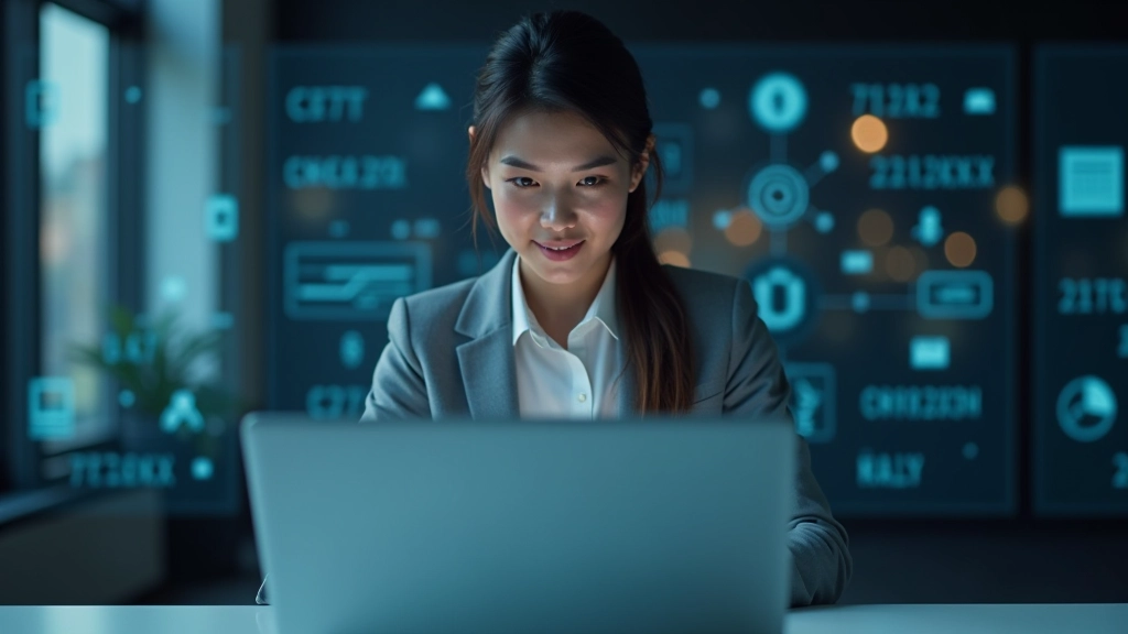 Personne travaillant sur ordinateur portable avec symboles numériques et code informatique autour